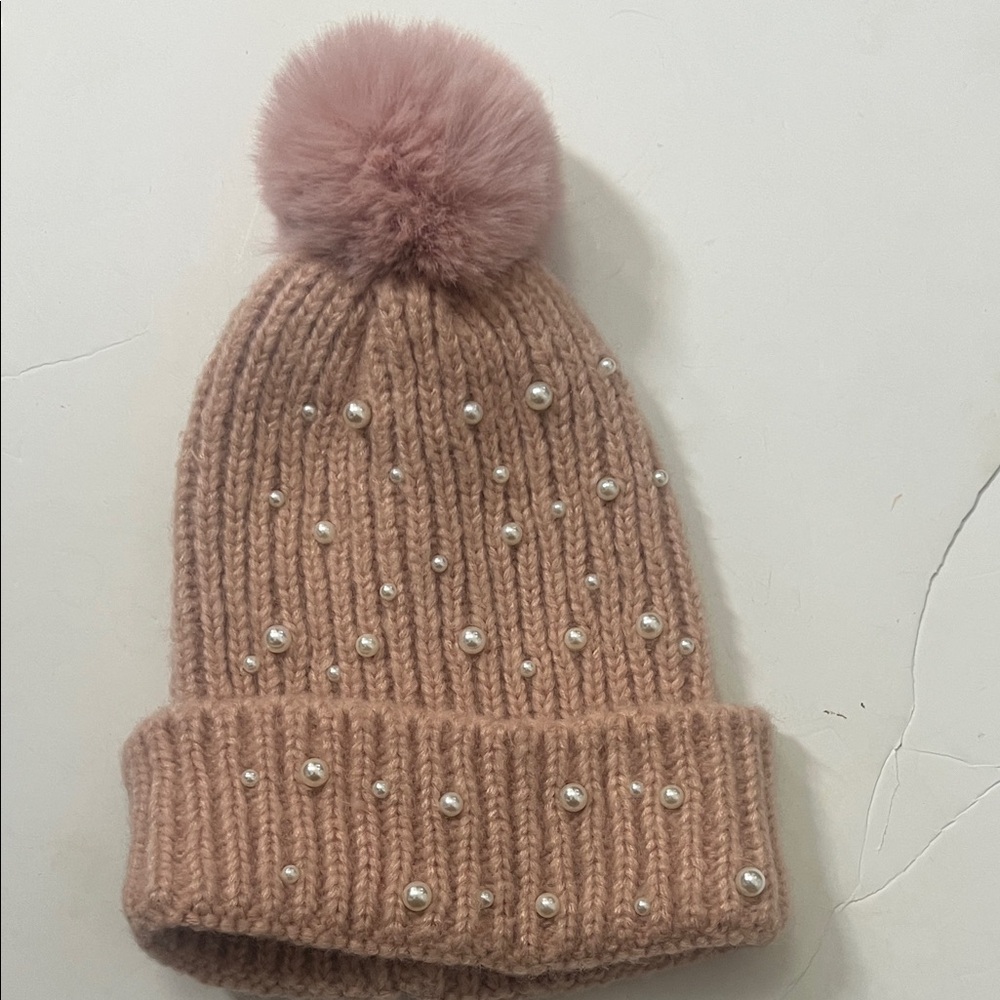Marcus Adler Pink Knit‎ Beanie with Faux Pearls